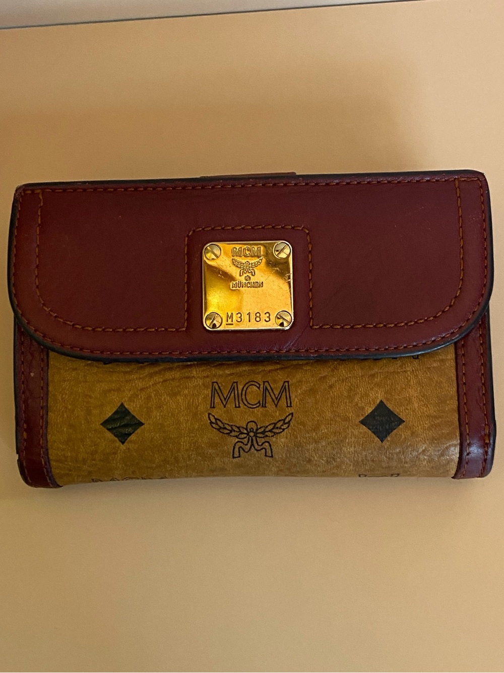 MCM Two-Tone Trifold Leather Continental Wallet in Burgundy and Cognac Brown